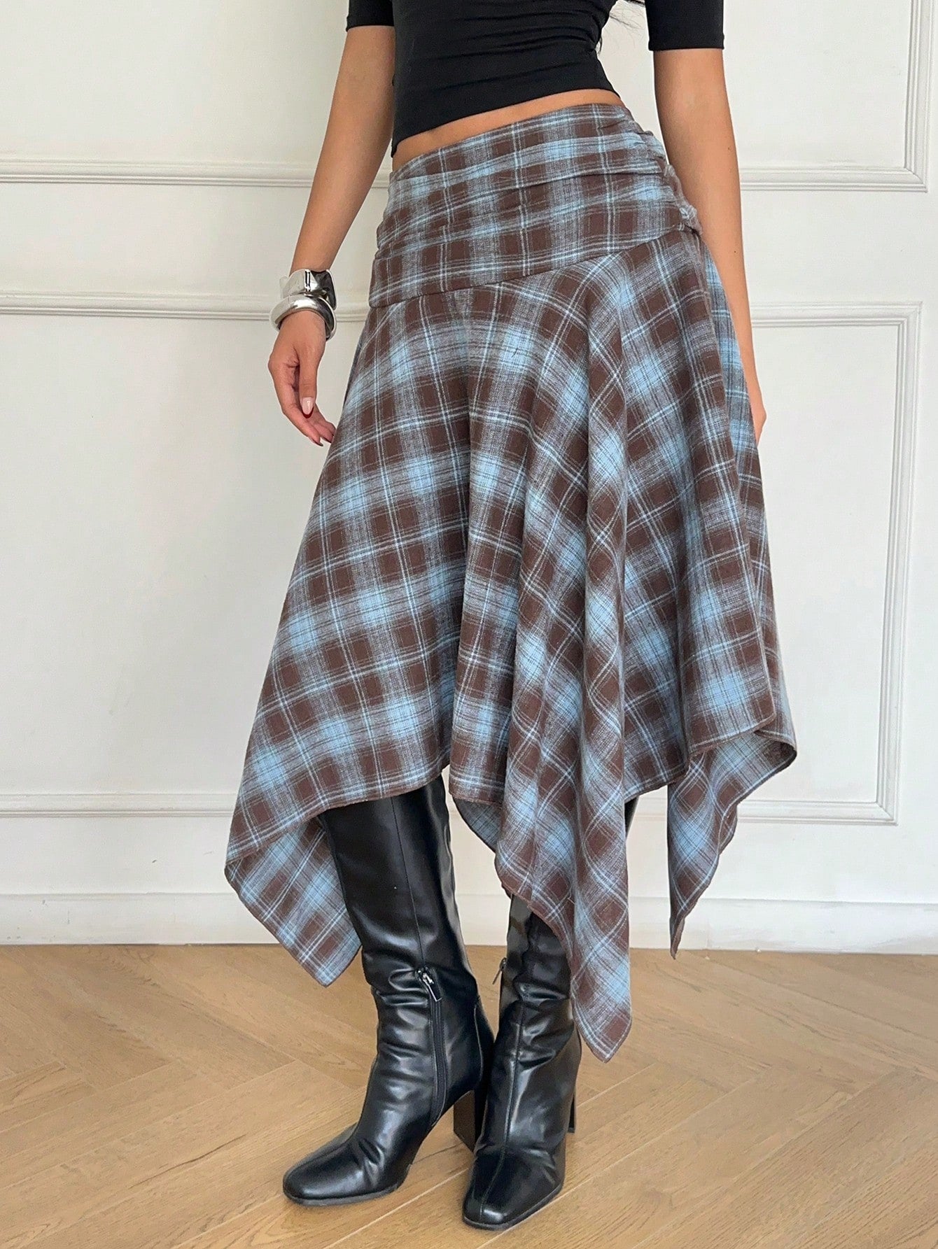 Aloruh Women's Retro Blue Plaid Cotton Midi Skirt,Asymmetrical Hem High Low Checkered Skirt,Elegant Winter Date Y2K Style,Perfect For Spring Break