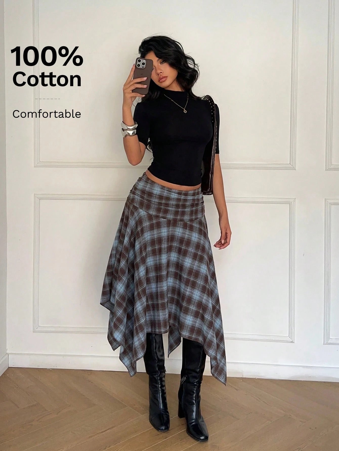 Aloruh Women's Retro Blue Plaid Cotton Midi Skirt,Asymmetrical Hem High Low Checkered Skirt,Elegant Winter Date Y2K Style,Perfect For Spring Break