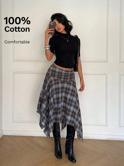 Aloruh Women's Retro Blue Plaid Cotton Midi Skirt,Asymmetrical Hem High Low Checkered Skirt,Elegant Winter Date Y2K Style,Perfect For Spring Break