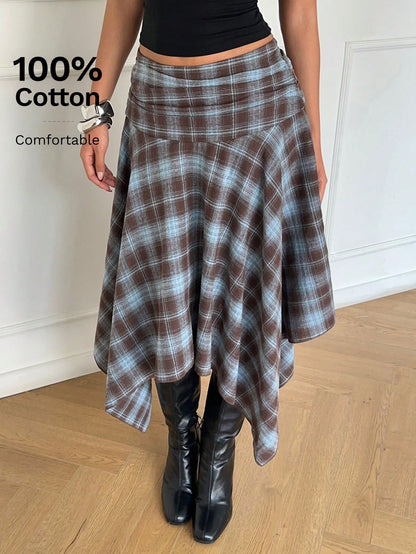 Aloruh Women's Retro Blue Plaid Cotton Midi Skirt,Asymmetrical Hem High Low Checkered Skirt,Elegant Winter Date Y2K Style,Perfect For Spring Break