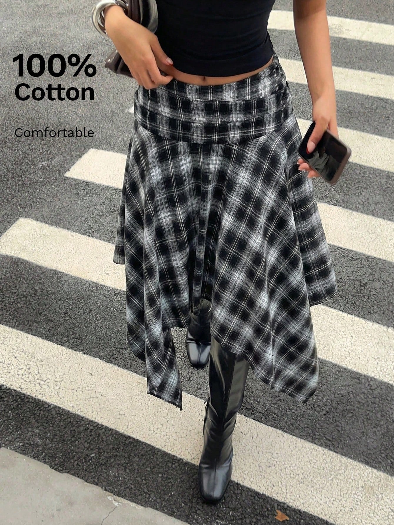 Aloruh Women's Retro Blue Plaid Cotton Midi Skirt,Asymmetrical Hem High Low Checkered Skirt,Elegant Winter Date Y2K Style,Perfect For Spring Break