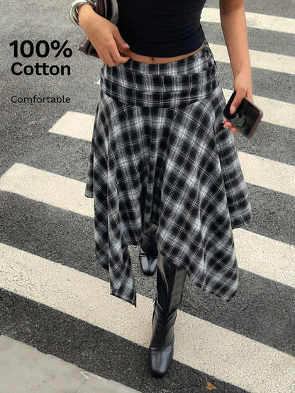 Aloruh Women's Retro Blue Plaid Cotton Midi Skirt,Asymmetrical Hem High Low Checkered Skirt,Elegant Winter Date Y2K Style,Perfect For Spring Break