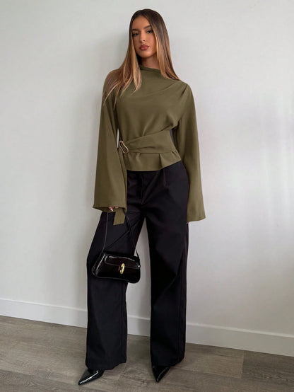 Aloruh Women's Solid Color Loose Long Sleeve Shirt, Suitable For Daily Business Commute
