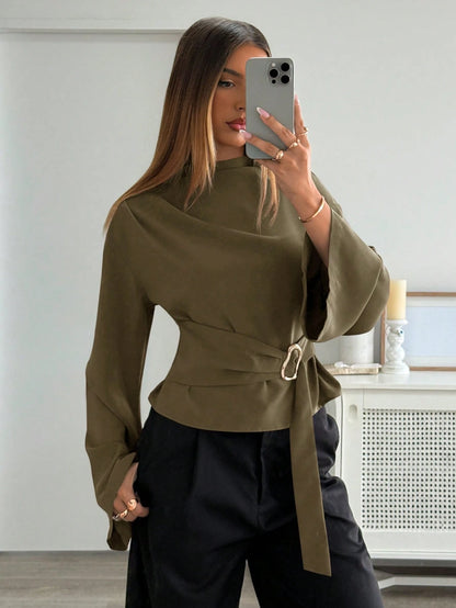 Aloruh Women's Solid Color Loose Long Sleeve Shirt, Suitable For Daily Business Commute