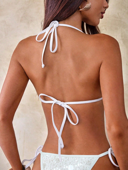 Aloruh Women's White Sequin & Beaded Bikini Top, Summer Bohemian Swimwear For Casual Holiday, Vacation, Pool Party, Beach, Glamorous New Arrival