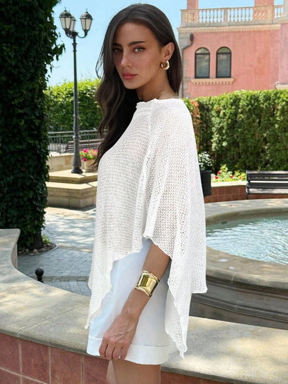 Aloruh Women's White Summer Casual Elegant Vacation Holiday Knitted Jacquard Hollow-Out One-Piece Halter Neck Shawl Collar Multiwear Lightweight Cover Up