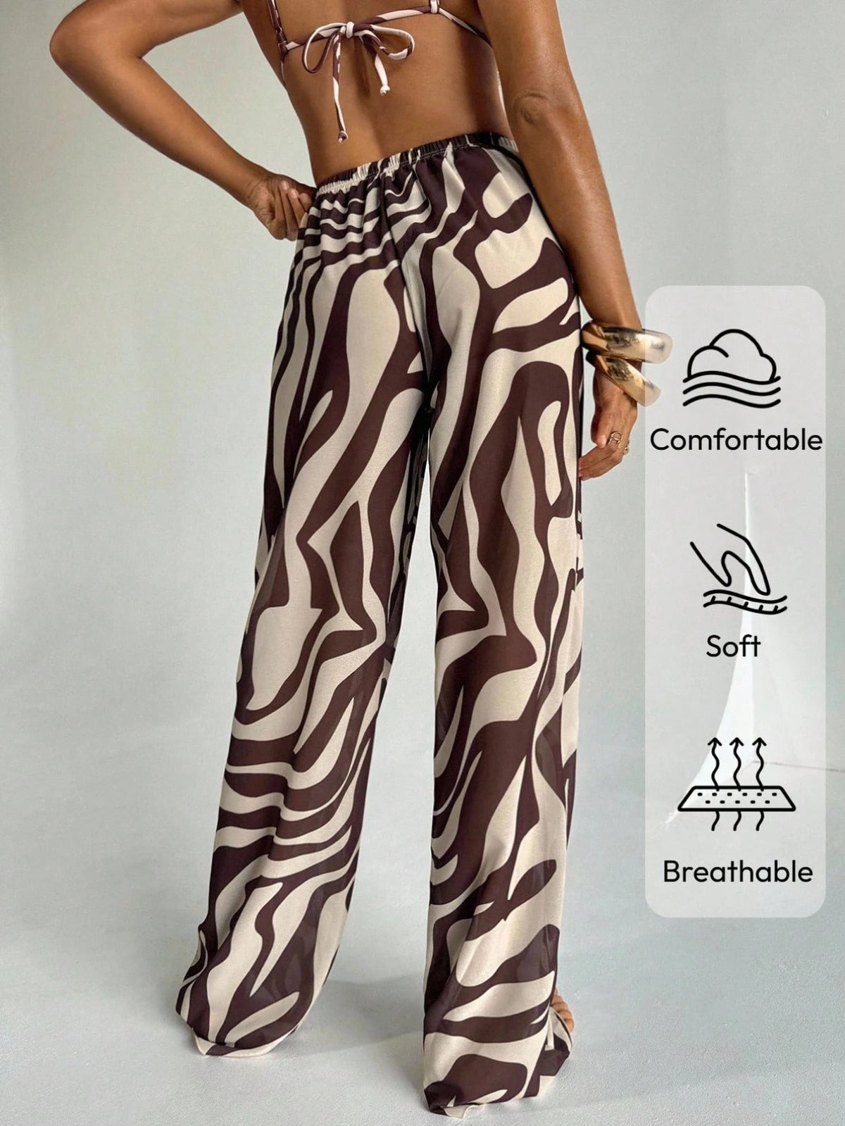 Aloruh Women's Zebra Print Low Waist Wide Leg Beach Cover Up Pants,Teal And Brown,Summer,Boho,Beach,Holiday,Holiday,Western Wear Swimsuit Swimwear Coverups