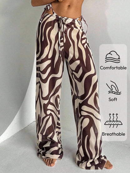 Aloruh Women's Zebra Print Low Waist Wide Leg Beach Cover Up Pants,Teal And Brown,Summer,Boho,Beach,Holiday,Holiday,Western Wear Swimsuit Swimwear Coverups