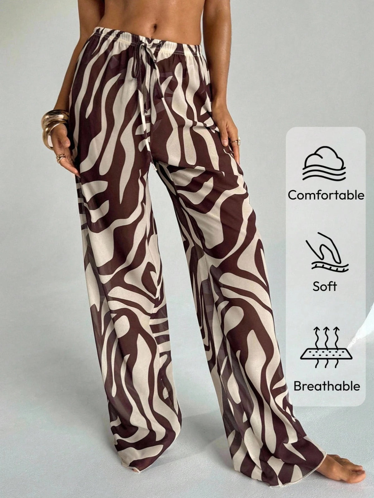 Aloruh Women's Zebra Print Low Waist Wide Leg Beach Cover Up Pants,Teal And Brown,Summer,Boho,Beach,Holiday,Holiday,Western Wear Swimsuit Swimwear Coverups