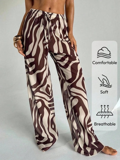 Aloruh Women's Zebra Print Low Waist Wide Leg Beach Cover Up Pants,Teal And Brown,Summer,Boho,Beach,Holiday,Holiday,Western Wear Swimsuit Swimwear Coverups