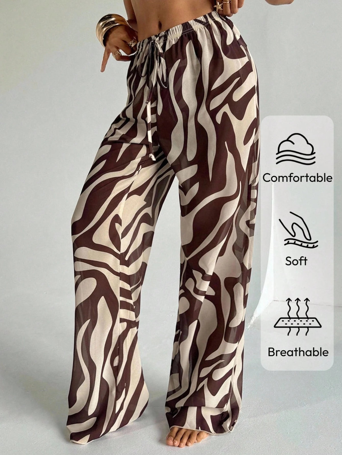 Aloruh Women's Zebra Print Low Waist Wide Leg Beach Cover Up Pants,Teal And Brown,Summer,Boho,Beach,Holiday,Holiday,Western Wear Swimsuit Swimwear Coverups