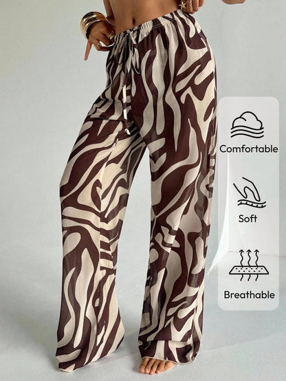 Aloruh Women's Zebra Print Low Waist Wide Leg Beach Cover Up Pants,Teal And Brown,Summer,Boho,Beach,Holiday,Holiday,Western Wear Swimsuit Swimwear Coverups