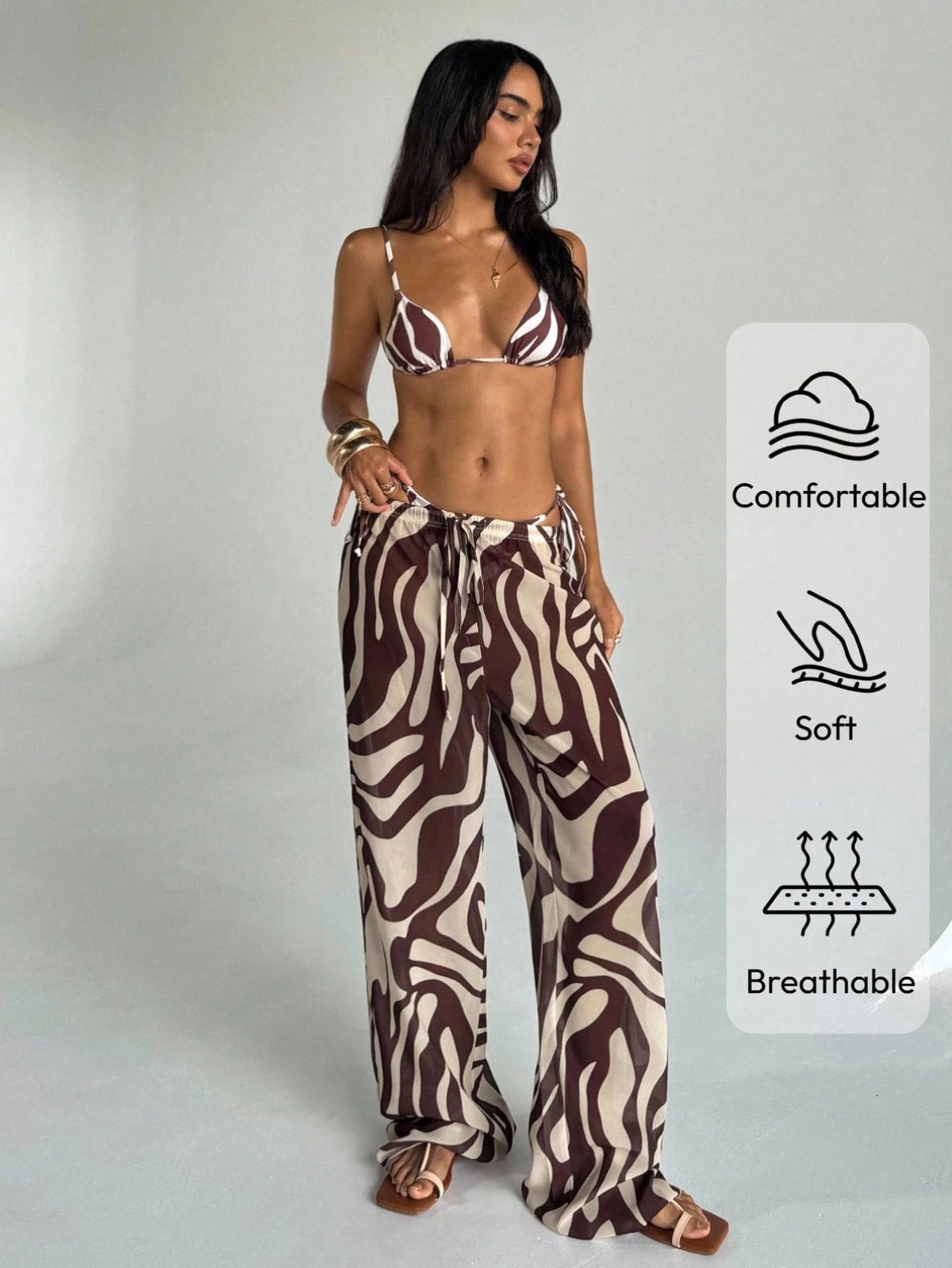 Aloruh Women's Zebra Print Low Waist Wide Leg Beach Cover Up Pants,Teal And Brown,Summer,Boho,Beach,Holiday,Holiday,Western Wear Swimsuit Swimwear Coverups