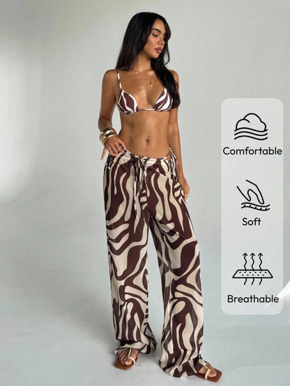 Aloruh Women's Zebra Print Low Waist Wide Leg Beach Cover Up Pants,Teal And Brown,Summer,Boho,Beach,Holiday,Holiday,Western Wear Swimsuit Swimwear Coverups