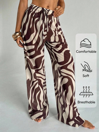 Aloruh Women's Zebra Print Low Waist Wide Leg Beach Cover Up Pants,Teal And Brown,Summer,Boho,Beach,Holiday,Holiday,Western Wear Swimsuit Swimwear Coverups