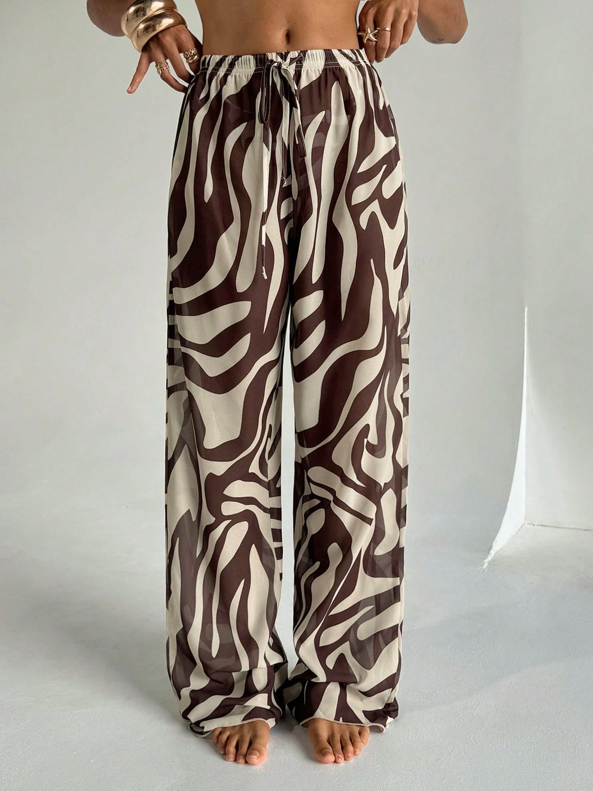 Aloruh Women's Zebra Print Low Waist Wide Leg Beach Cover Up Pants,Teal And Brown,Summer,Boho,Beach,Holiday,Holiday,Western Wear Swimsuit Swimwear Coverups