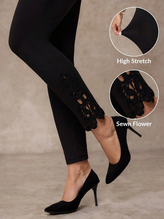 Amorya Women's Classy Elegant High Waist Contrast Lace Leggings,Black Winter Dress Pants For Office Commute Dining Christmas New Year Thanksgiving Fall