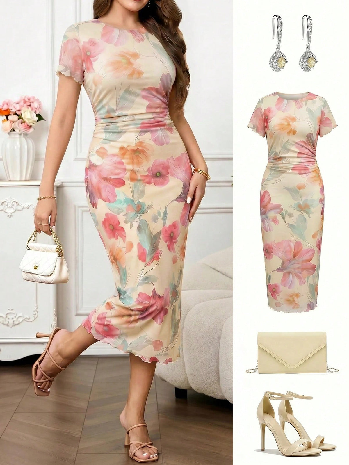 Amorya Women's Elegant Romantic Floral Print Pleated Short Sleeve Fitted Wedding Dress Floral Dress Holiday Vacation Beige Summer