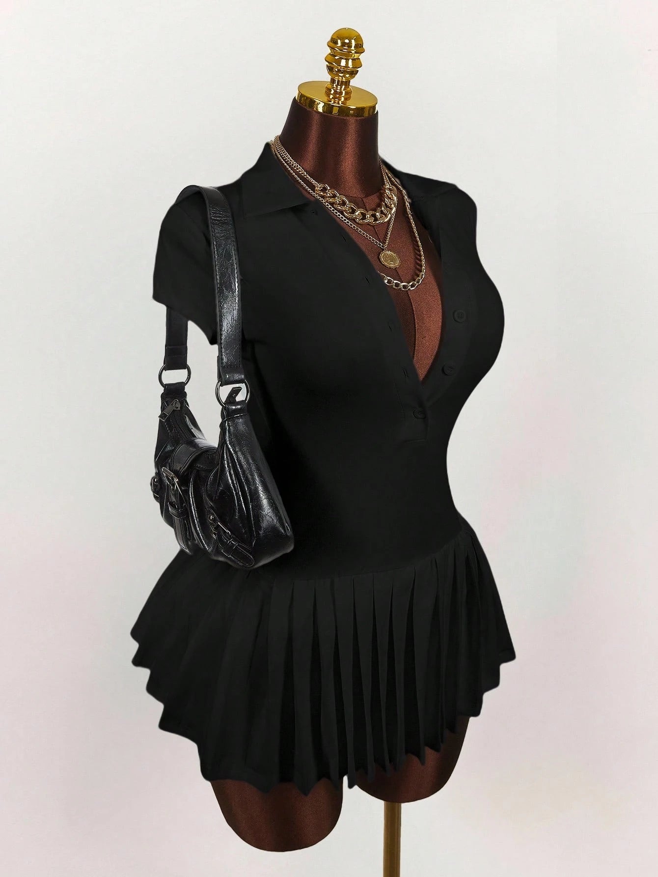 Amplova Polo Collar Deep V Sleeve Pleated Hem Dress Black Dress Short,Party Dress