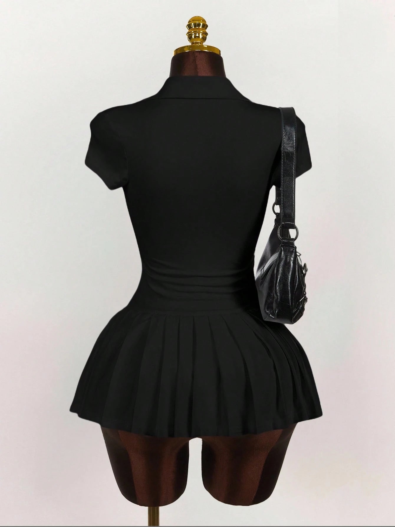 Amplova Polo Collar Deep V Sleeve Pleated Hem Dress Black Dress Short,Party Dress