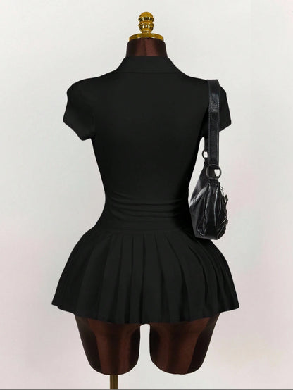 Amplova Polo Collar Deep V Sleeve Pleated Hem Dress Black Dress Short,Party Dress