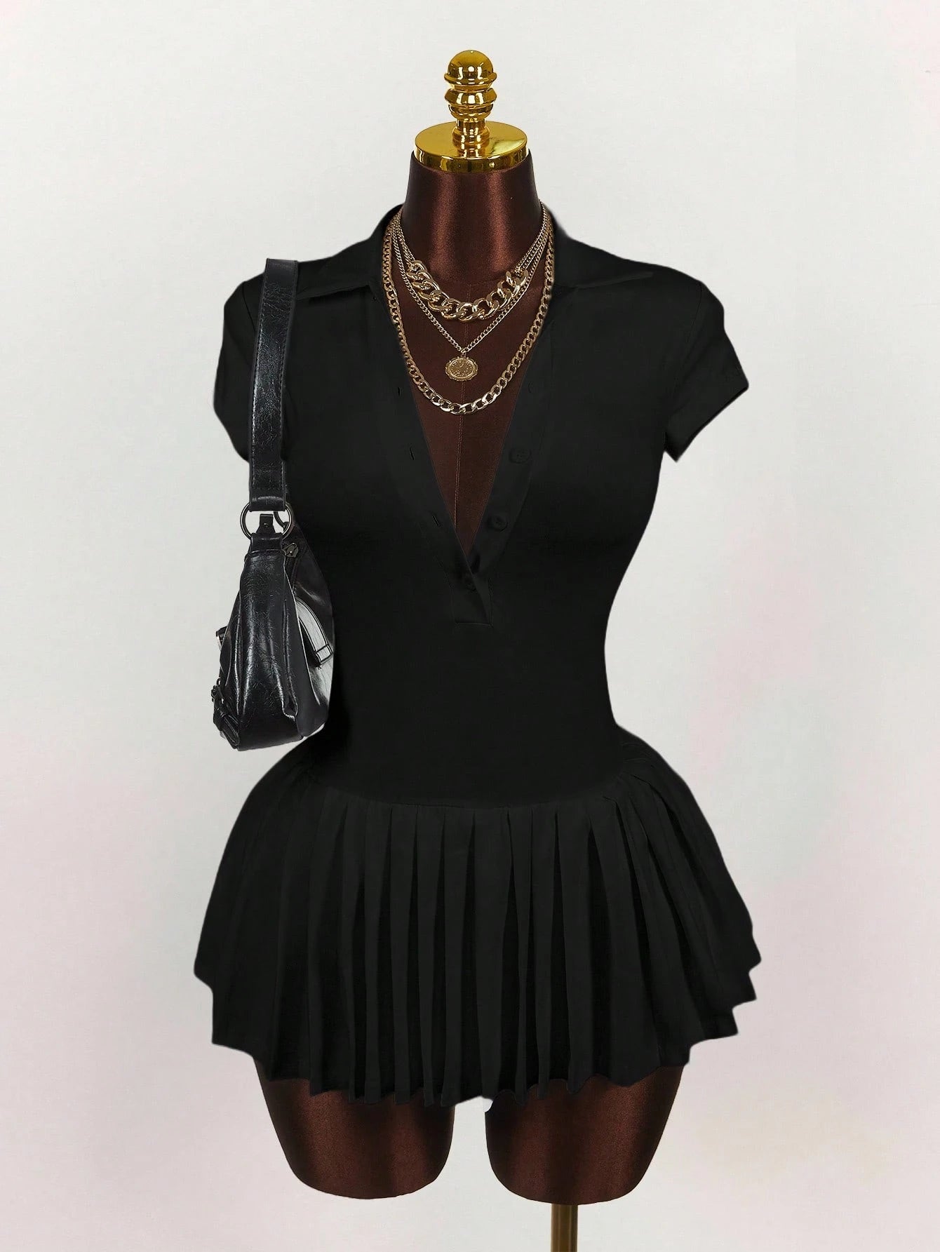 Amplova Polo Collar Deep V Sleeve Pleated Hem Dress Black Dress Short,Party Dress
