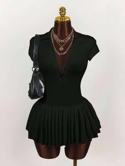 Amplova Polo Collar Deep V Sleeve Pleated Hem Dress Black Dress Short,Party Dress