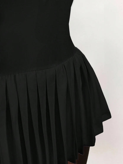 Amplova Polo Collar Deep V Sleeve Pleated Hem Dress Black Dress Short,Party Dress
