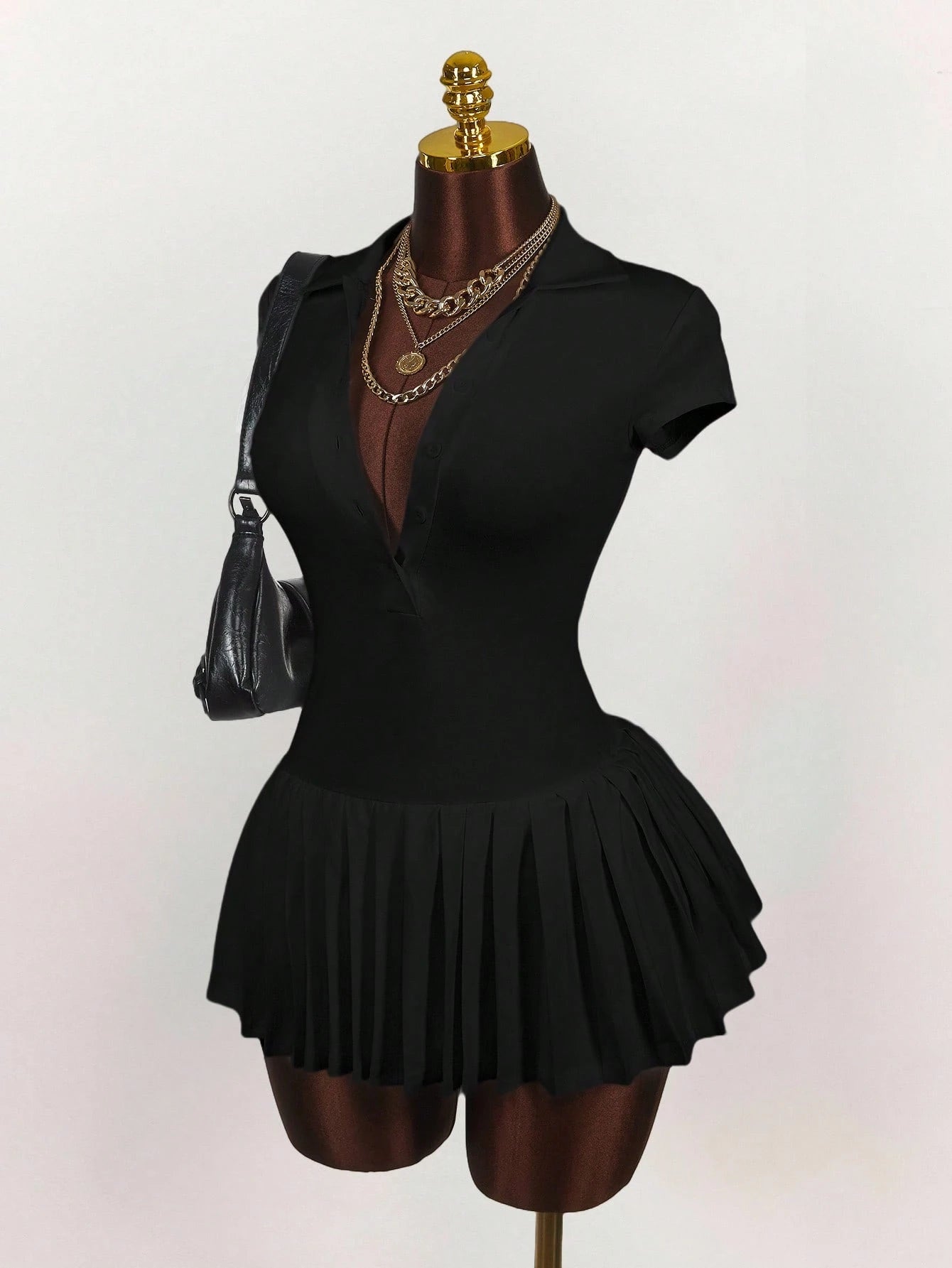 Amplova Polo Collar Deep V Sleeve Pleated Hem Dress Black Dress Short,Party Dress