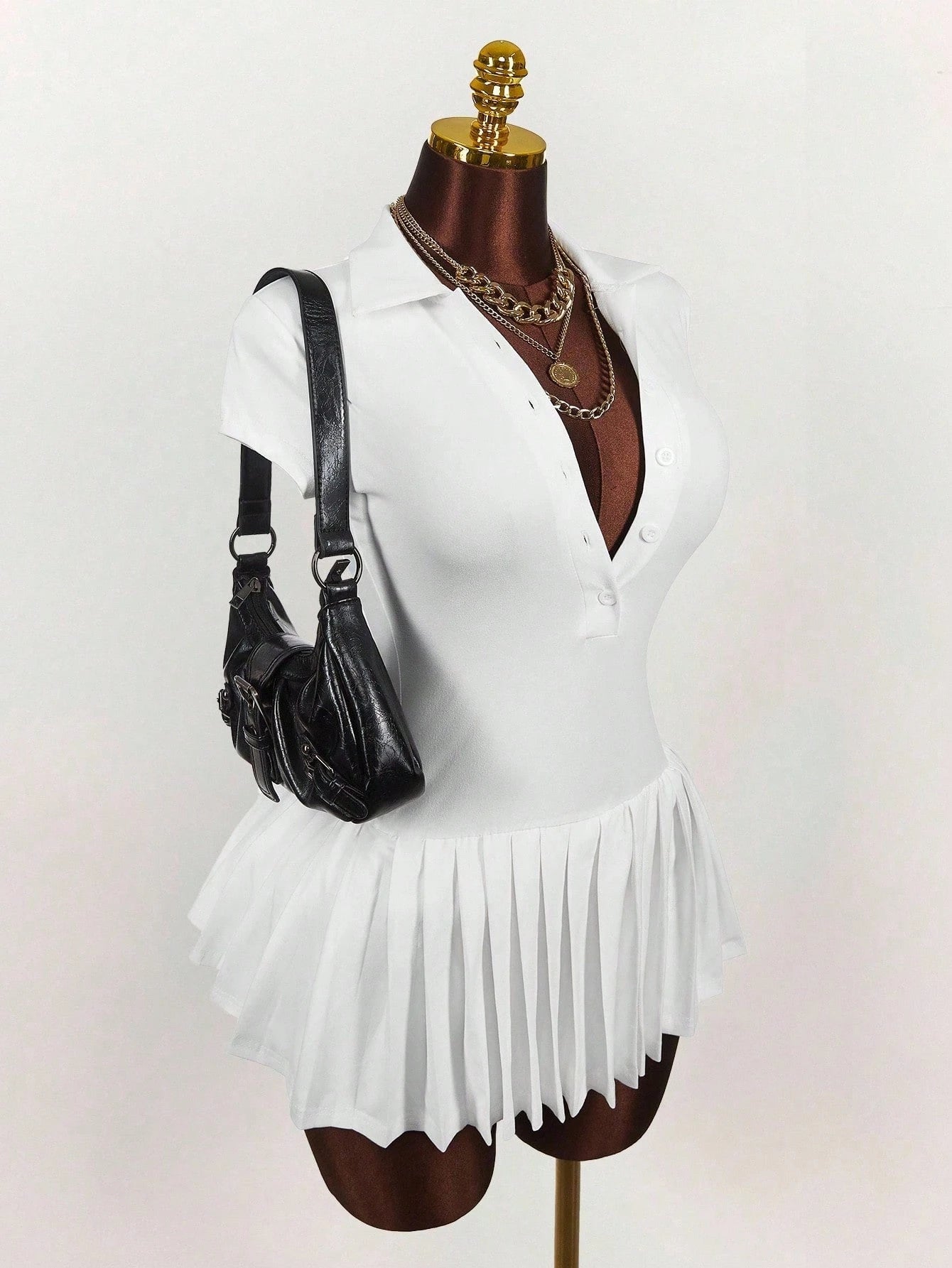 Amplova Polo Collar Deep V Sleeve Pleated Hem Dress Black Dress Short,Party Dress
