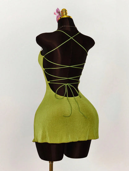 Amplova Summer Outfits For Women Wedding Club Night Out Guest Dress Vacation Ruched Bust Criss-Cross Backless Strap Camisole Mini Dress Party Olive Green Sexy