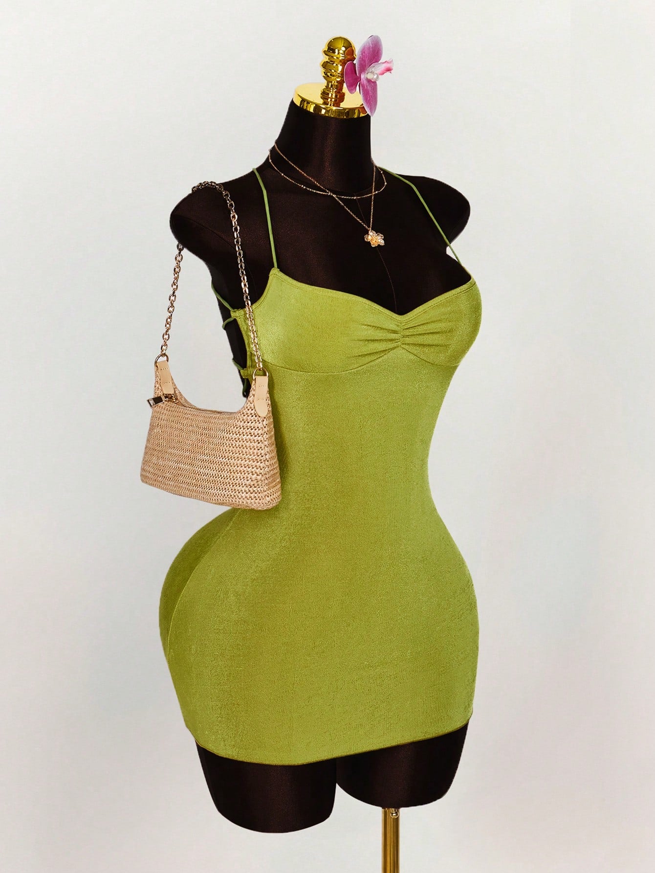 Amplova Summer Outfits For Women Wedding Club Night Out Guest Dress Vacation Ruched Bust Criss-Cross Backless Strap Camisole Mini Dress Party Olive Green Sexy