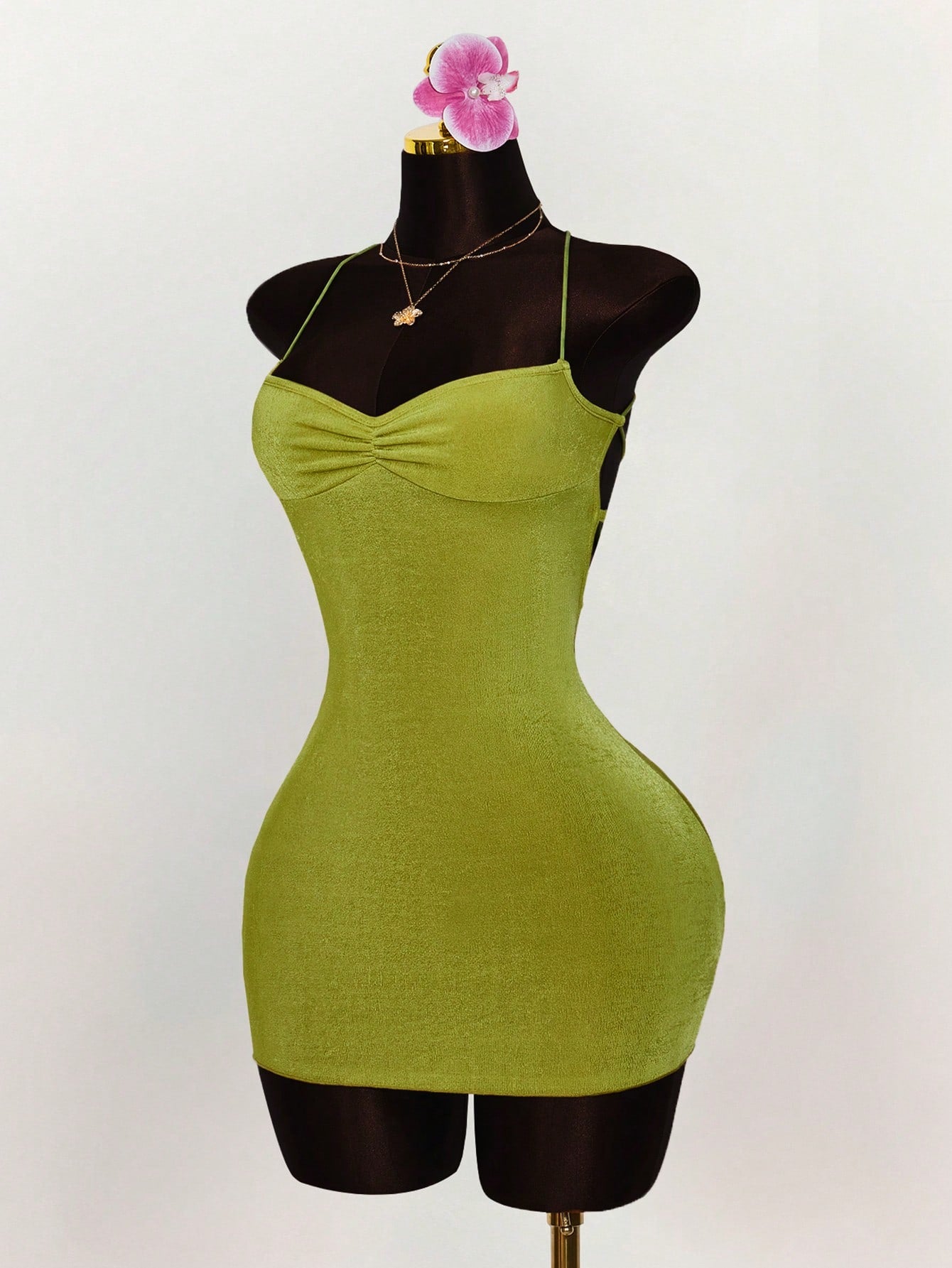 Amplova Summer Outfits For Women Wedding Club Night Out Guest Dress Vacation Ruched Bust Criss-Cross Backless Strap Camisole Mini Dress Party Olive Green Sexy