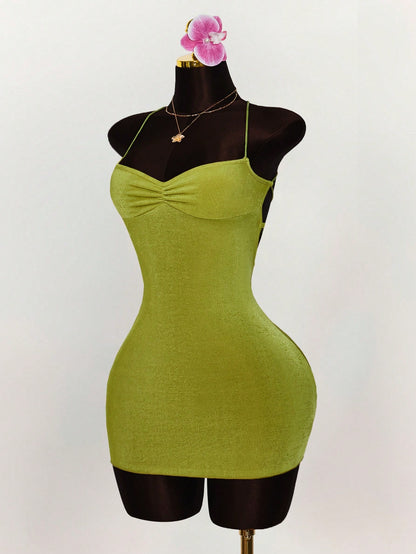 Amplova Summer Outfits For Women Wedding Club Night Out Guest Dress Vacation Ruched Bust Criss-Cross Backless Strap Camisole Mini Dress Party Olive Green Sexy