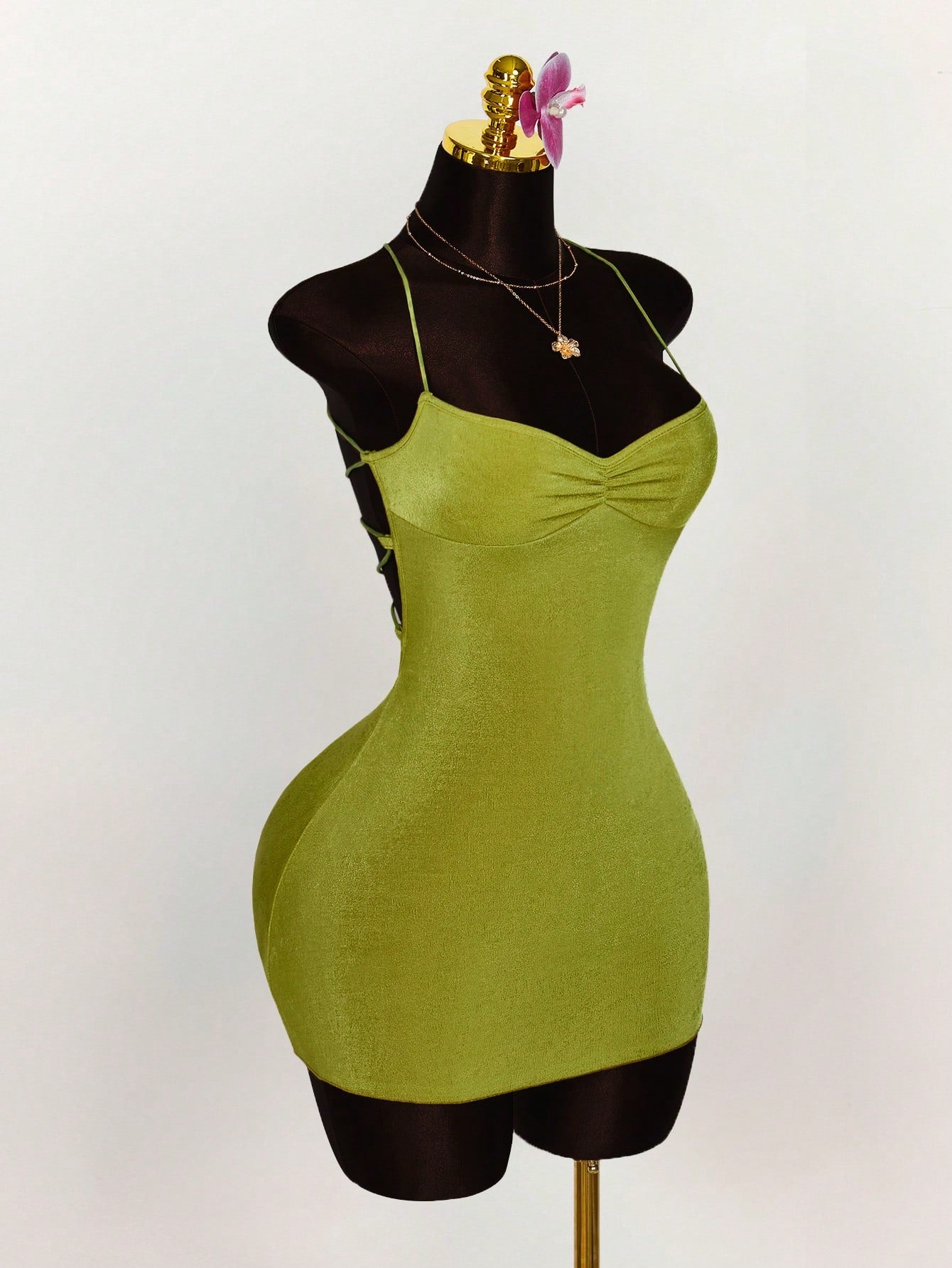 Amplova Summer Outfits For Women Wedding Club Night Out Guest Dress Vacation Ruched Bust Criss-Cross Backless Strap Camisole Mini Dress Party Olive Green Sexy