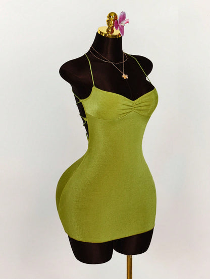 Amplova Summer Outfits For Women Wedding Club Night Out Guest Dress Vacation Ruched Bust Criss-Cross Backless Strap Camisole Mini Dress Party Olive Green Sexy