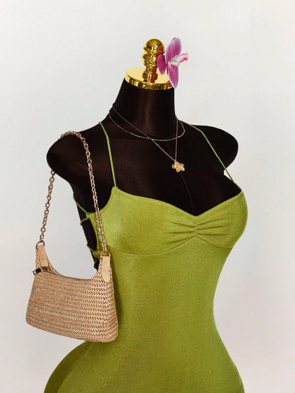 Amplova Summer Outfits For Women Wedding Club Night Out Guest Dress Vacation Ruched Bust Criss-Cross Backless Strap Camisole Mini Dress Party Olive Green Sexy