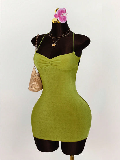 Amplova Summer Outfits For Women Wedding Club Night Out Guest Dress Vacation Ruched Bust Criss-Cross Backless Strap Camisole Mini Dress Party Olive Green Sexy