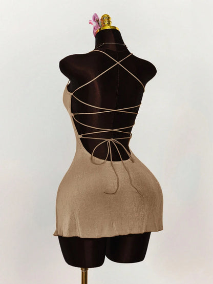 Amplova Summer Outfits For Women Wedding Club Night Out Guest Dress Vacation Ruched Bust Criss-Cross Backless Strap Camisole Mini Dress Party Olive Green Sexy