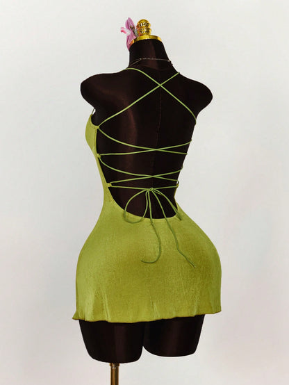 Amplova Summer Outfits For Women Wedding Club Night Out Guest Dress Vacation Ruched Bust Criss-Cross Backless Strap Camisole Mini Dress Party Olive Green Sexy