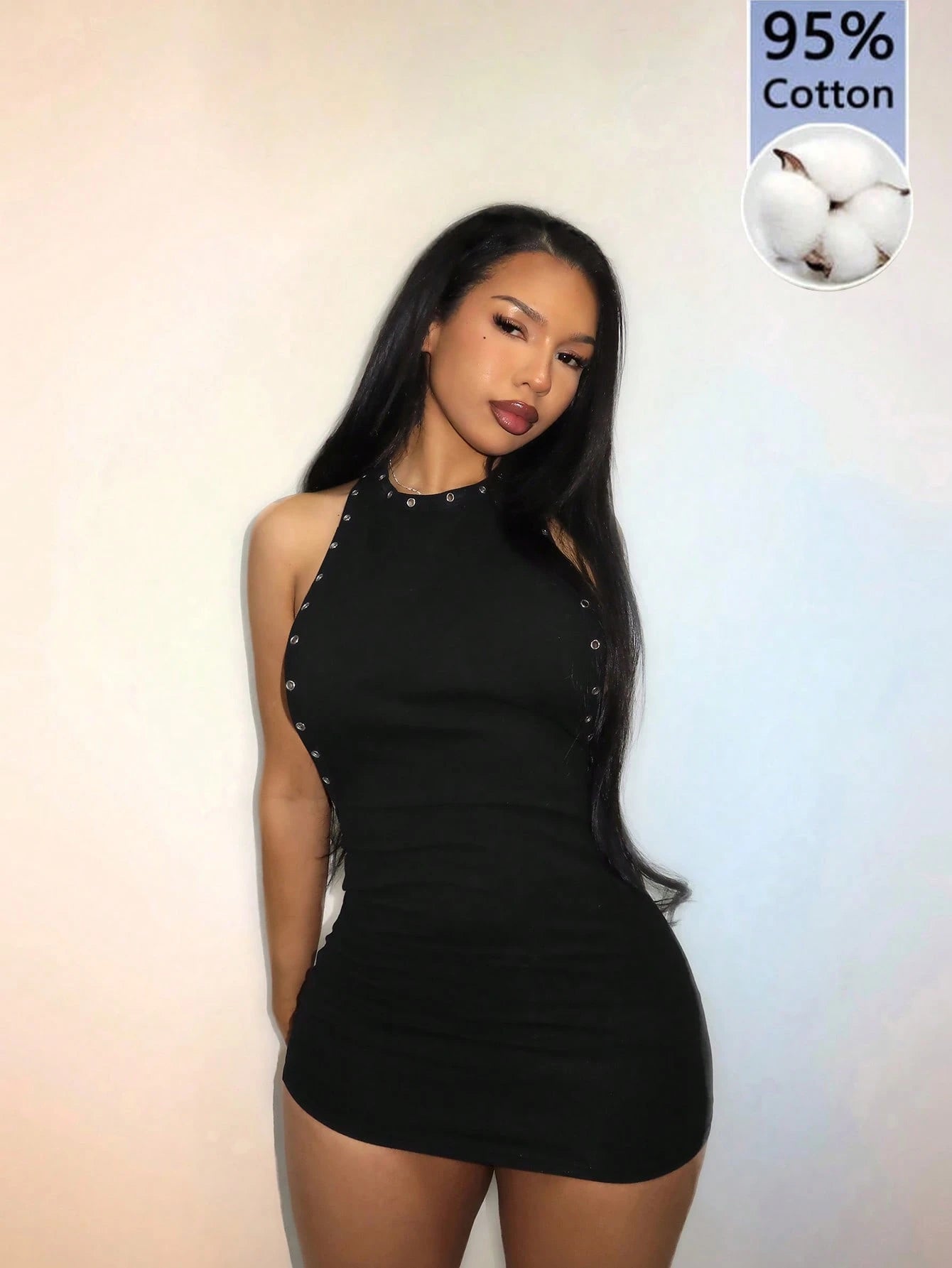 Amplova Women's Black Crisscross Back Mini Dress, Backless Solid Color With Silver Foil Decor,Summer Techno Club Rave Music Festival Summer Dresses