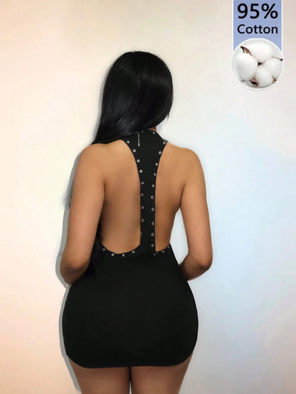 Amplova Women's Black Crisscross Back Mini Dress, Backless Solid Color With Silver Foil Decor,Summer Techno Club Rave Music Festival Summer Dresses