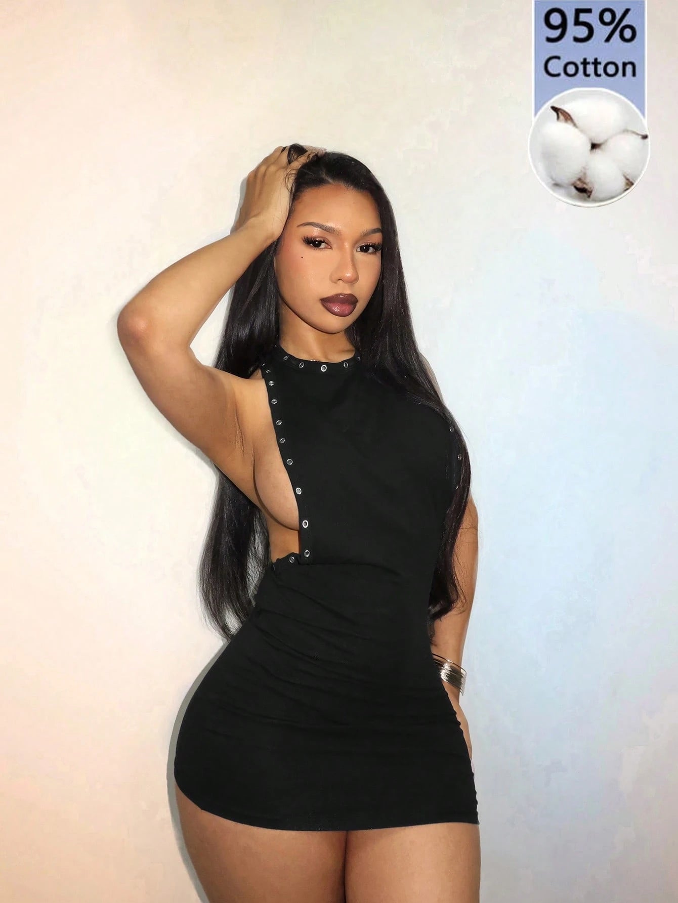 Amplova Women's Black Crisscross Back Mini Dress, Backless Solid Color With Silver Foil Decor,Summer Techno Club Rave Music Festival Summer Dresses