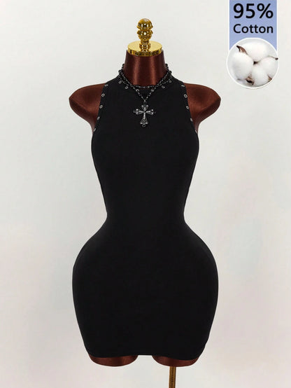 Amplova Women's Black Crisscross Back Mini Dress, Backless Solid Color With Silver Foil Decor,Summer Techno Club Rave Music Festival Summer Dresses