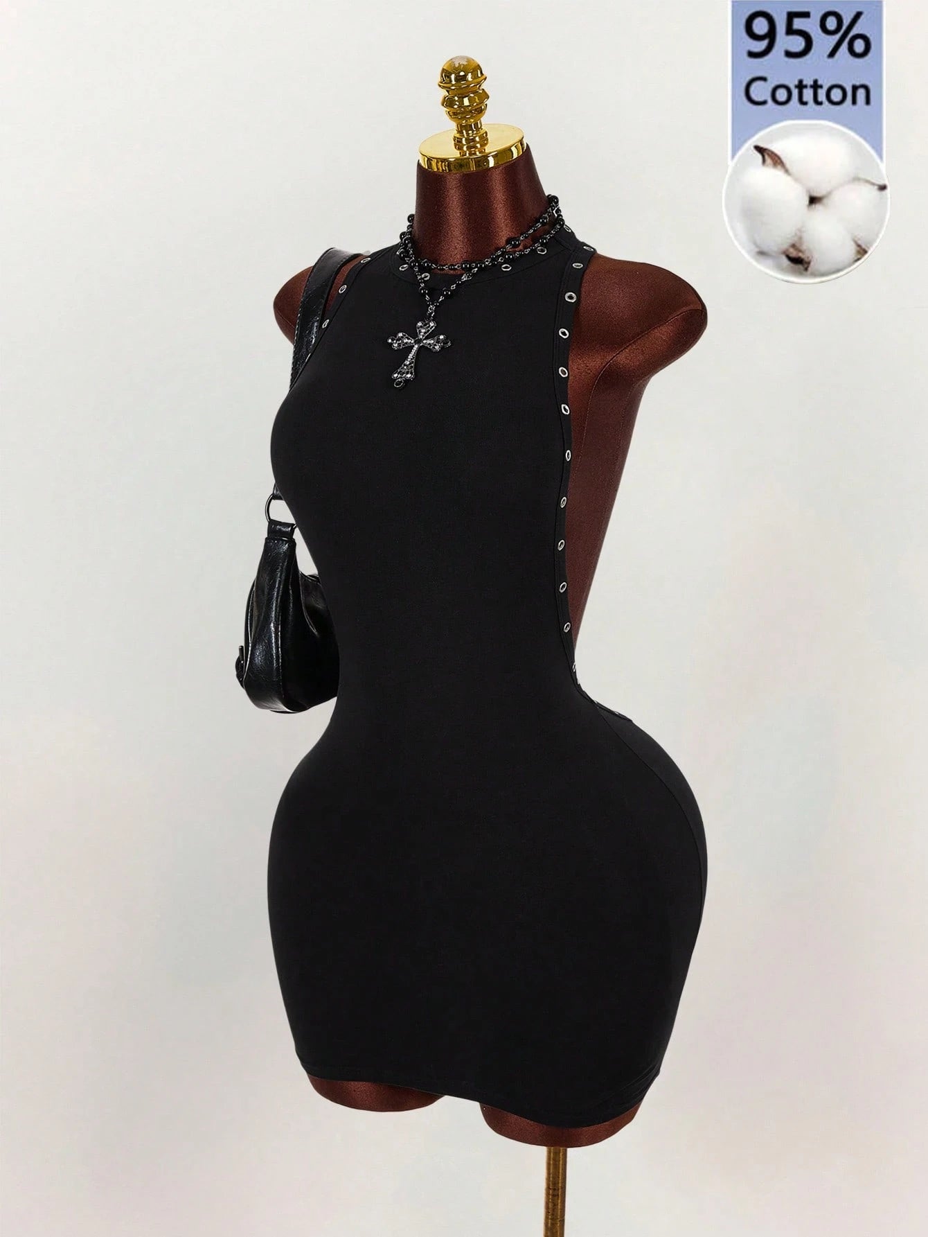 Amplova Women's Black Crisscross Back Mini Dress, Backless Solid Color With Silver Foil Decor,Summer Techno Club Rave Music Festival Summer Dresses