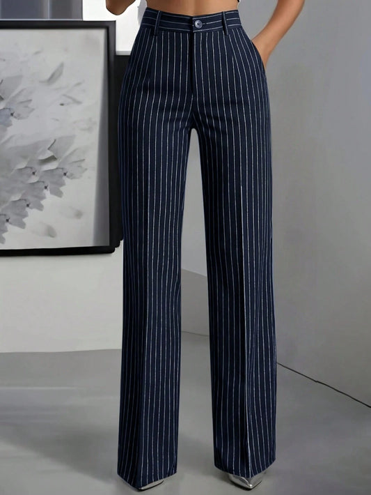 ANCHOSE Women's Casual Elastic Waist Striped Pants, Navy Blue & White, Spring/Summer
