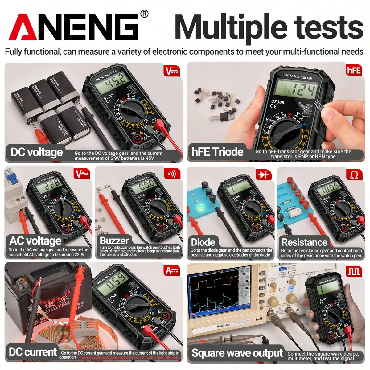 ANENG SZ308 Digital Multimeter, High Precision Electrical Repair Test Meter, Voltage Current Resistance Multifunction Tester, Battery Powered (Battery Not Included), ≤36V Working Voltage, ABS Material