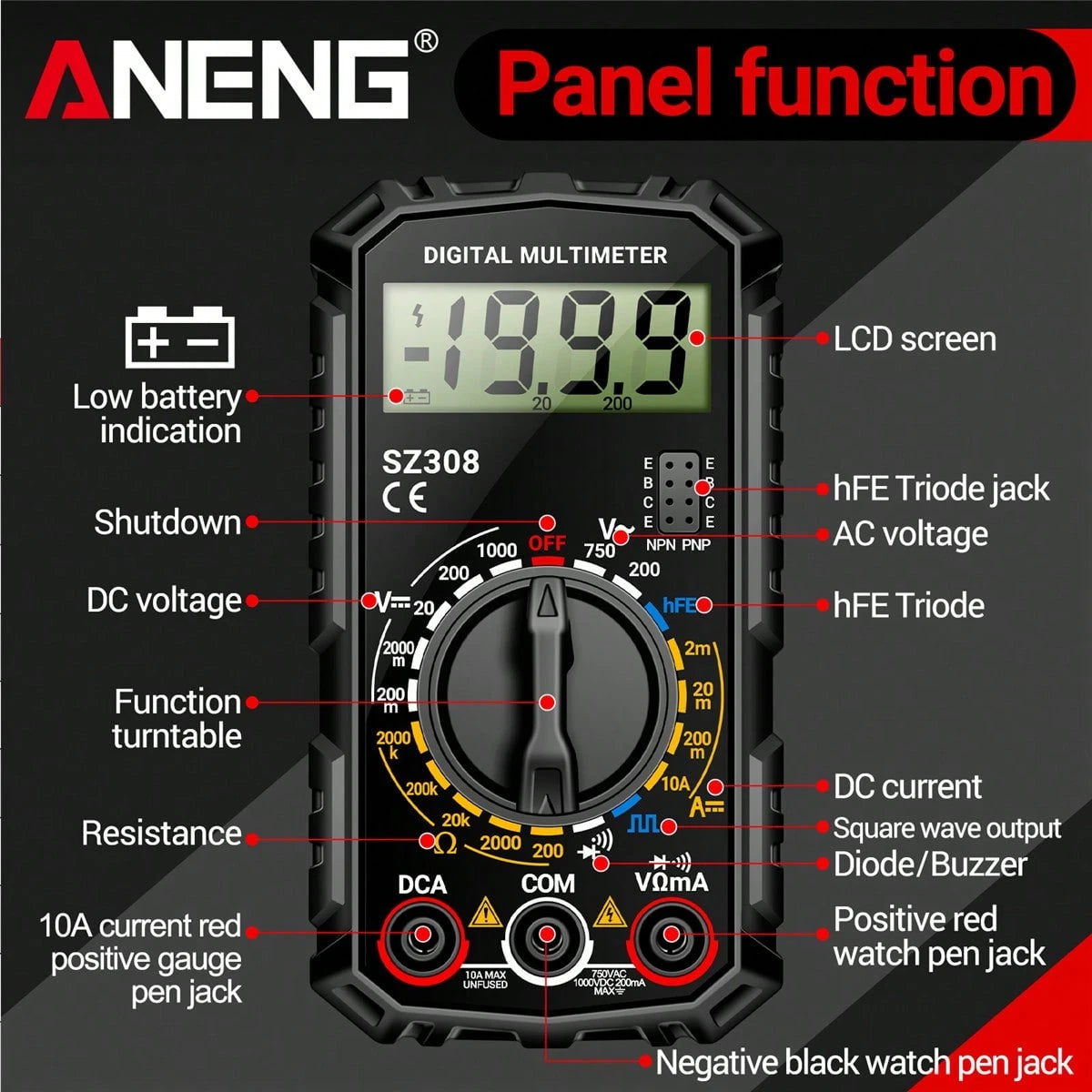 ANENG SZ308 Digital Multimeter, High Precision Electrical Repair Test Meter, Voltage Current Resistance Multifunction Tester, Battery Powered (Battery Not Included), ≤36V Working Voltage, ABS Material