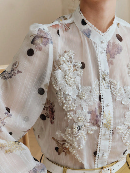 Anewsta Elegant Summer White Blouse With Exquisite Pearl Floral Decor, Mandarin Collar, Polka Dot Print, Long Sleeve