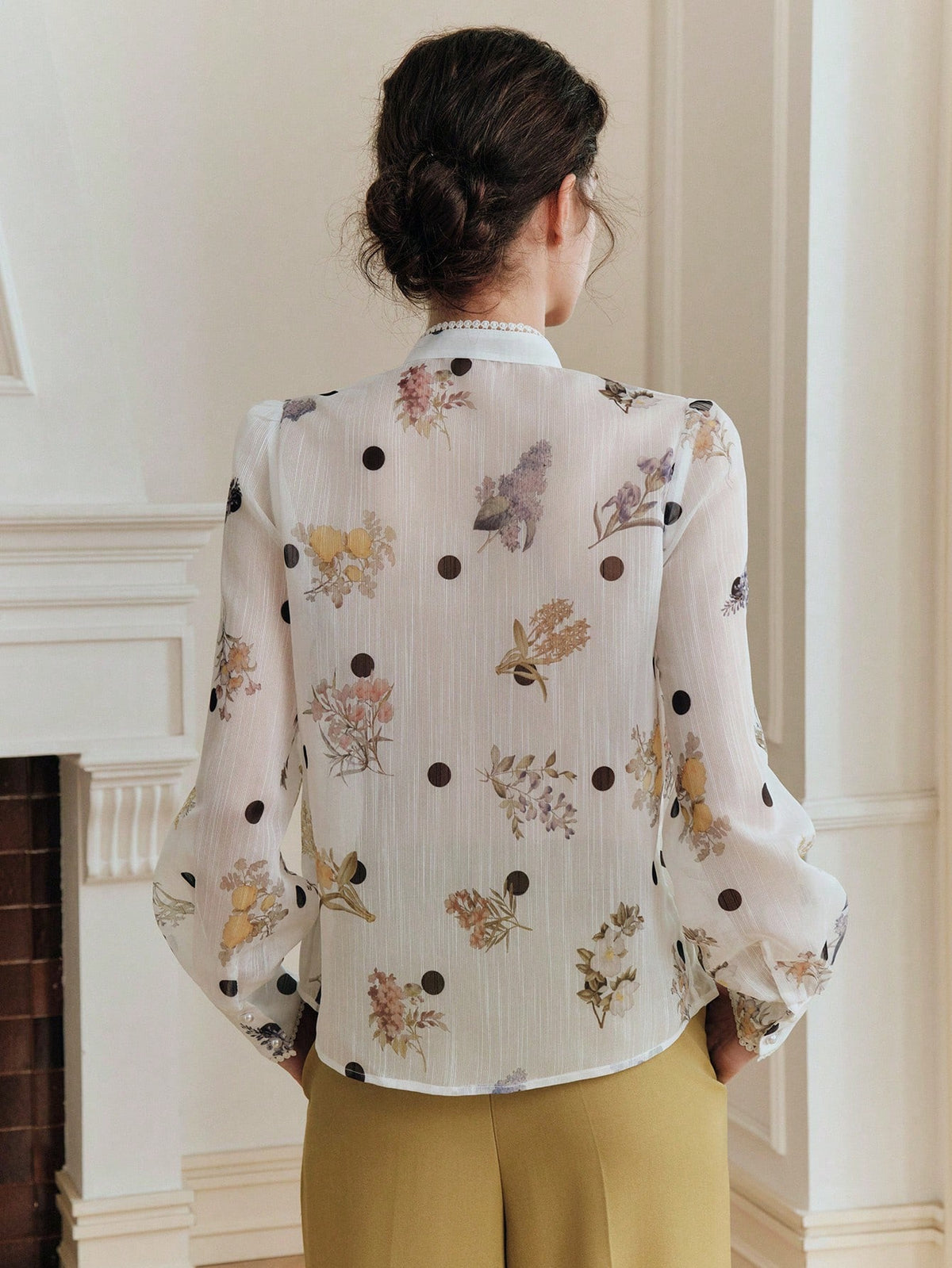 Anewsta Elegant Summer White Blouse With Exquisite Pearl Floral Decor, Mandarin Collar, Polka Dot Print, Long Sleeve